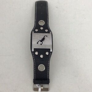 Black leather & stainless steel watch band style bracelet w/ scorpion emblem.